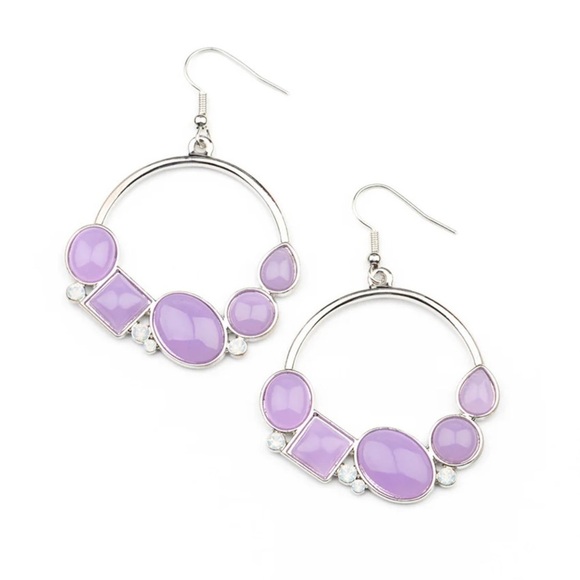 Paparazzi Purple Silver Hoop Earrings Modern Design - Picture 2 of 5